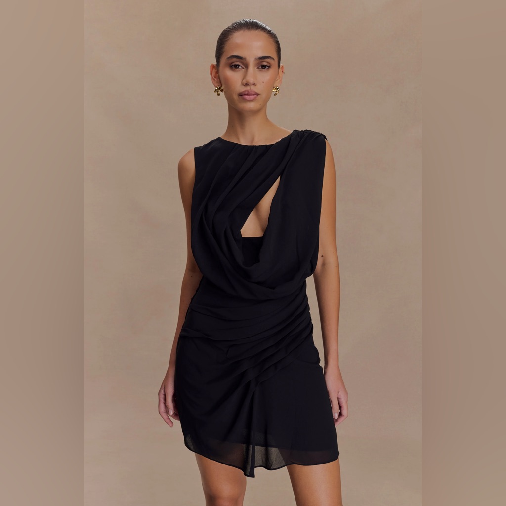 Meshki “Oria” Black Draped Chiffon Mini Dress Size Small